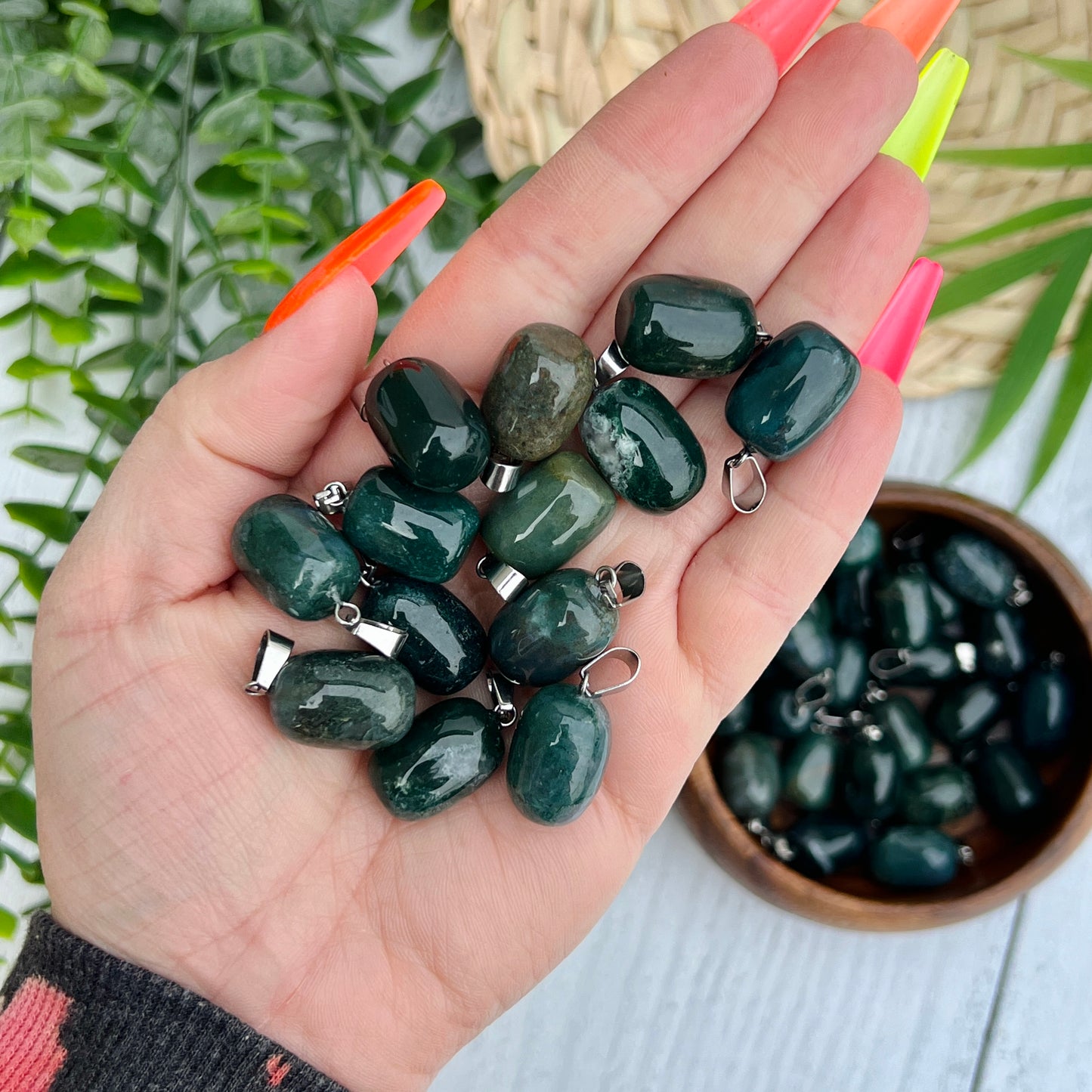 Moss Agate Cylinder Pendants